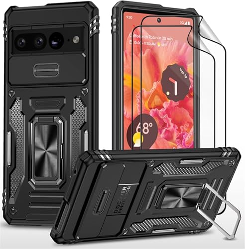 CLYDITE Hülle für Google Pixel 7 Pro handyHülle mit Slide Camera Schutzfolie [2 Stück] Schützen Ständer Silikon Rüstung Hardcase Stoßfeste Hüllen-Schwarz von CLYDITE