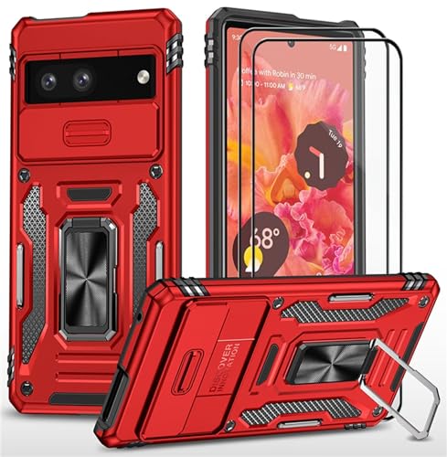 CLYDITE Hülle für Google Pixel 7 handyHülle mit Slide Camera Gehärtetes Glas Schutzfolie [2 Stück] Schützen Ständer Silikon Rüstung Hardcase Stoßfeste Hüllen-Rote von CLYDITE