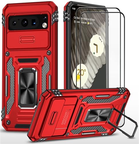 CLYDITE Hülle für Google Pixel 8 Pro handyHülle mit Slide Camera Gehärtetes Glas Schutzfolie [2 Stück] Schützen Ständer Silikon Rüstung Hardcase Stoßfeste Hüllen-Rote von CLYDITE