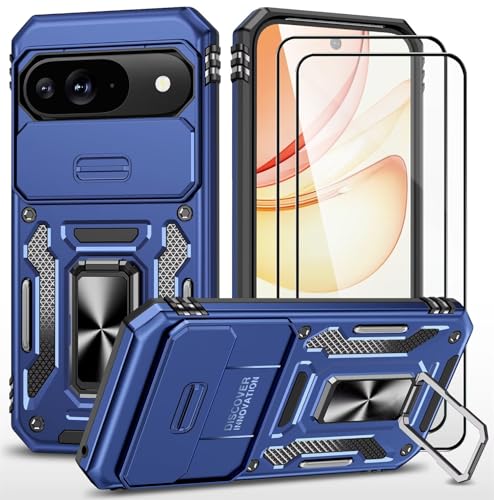 CLYDITE Hülle für Google Pixel 9/Pixel 9 Pro handyHülle mit Slide Camera Gehärtetes Glas Schutzfolie [2 Stück] Schützen Ständer Silikon Rüstung Hardcase Stoßfeste Hüllen-Blau von CLYDITE