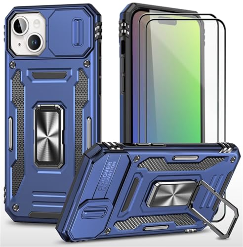 CLYDITE Hülle für iPhone 15 Plus handyHülle mit Slide Camera Gehärtetes Glas Schutzfolie [2 Stück] Schützen Ständer Silikon Rüstung Hardcase Stoßfeste Hüllen-Blau von CLYDITE