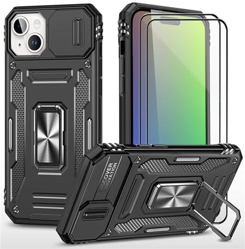CLYDITE Hülle für iPhone 15 Plus handyHülle mit Slide Camera Gehärtetes Glas Schutzfolie [2 Stück] Schützen Ständer Silikon Rüstung Hardcase Stoßfeste Hüllen-Schwarz von CLYDITE