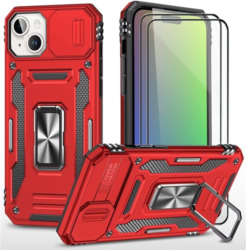 CLYDITE Hülle für iPhone 15 handyHülle mit Slide Camera Gehärtetes Glas Schutzfolie [2 Stück] Schützen Ständer Silikon Rüstung Hardcase Stoßfeste Hüllen-Rote von CLYDITE