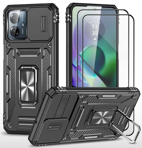 CLYDITE Hülle für Motorola Moto G54 handyHülle mit Slide Camera Gehärtetes Glas Schutzfolie [2 Stück] Schützen Ständer Silikon Rüstung Hardcase Stoßfeste Hüllen-Schwarz von CLYDITE