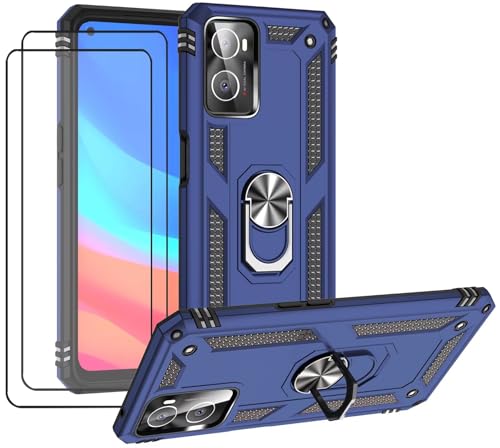CLYDITE Hülle für Realme 9i / Oppo A96 / Oppo A76 Blau handyHülle mit Schutzglas Panzerfolie (2er) 360 Grad RingHalter Ständer Armor Silikon Schutzhülle Cover Case von CLYDITE