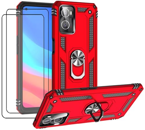 CLYDITE Hülle für Realme 9i / Oppo A96 / Oppo A76 Rote handyHülle mit Schutzglas Panzerfolie (2er) 360 Grad RingHalter Ständer Armor Silikon Schutzhülle Cover Case von CLYDITE