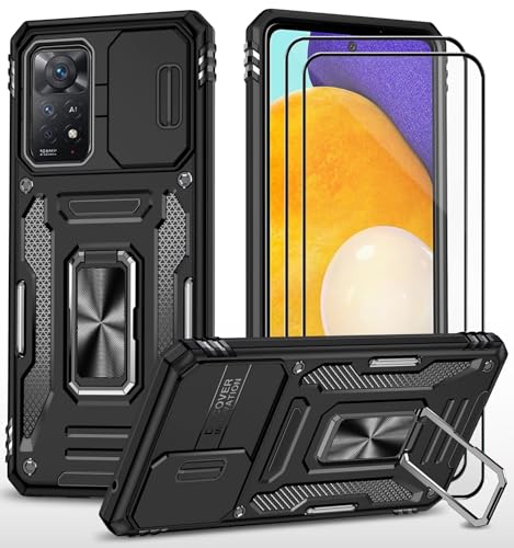 CLYDITE Hülle für Redmi Note 11 Pro/Note 11 Pro 5G/Note 12 Pro 4G handyHülle mit Slide Camera Gehärtetes Glas Schutzfolie [2 Stück] Ständer Silikon Rüstung Stoßfeste Hüllen-Schwarz von CLYDITE