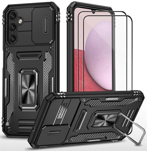 CLYDITE Hülle für Samsung A14 5G handyHülle mit Slide Camera Gehärtetes Glas Schutzfolie [2 Stück] Schützen Ständer Silikon Rüstung Hardcase Stoßfeste Hüllen-Schwarz von CLYDITE