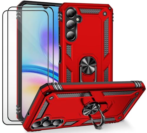CLYDITE Hülle für Samsung Galaxy A05S Rote handyHülle mit Schutzglas Panzerfolie (2er) 360 Grad RingHalter Ständer Armor Silikon Schutzhülle Cover Case von CLYDITE