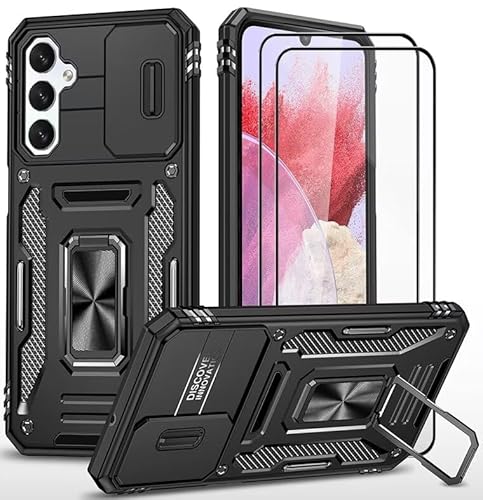 CLYDITE Hülle für Samsung Galaxy A05S handyHülle mit Slide Camera Gehärtetes Glas Schutzfolie [2 Stück] Schützen Ständer Silikon Rüstung Hardcase Stoßfeste Hüllen-Schwarz von CLYDITE