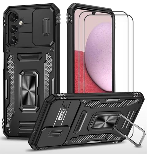 CLYDITE Hülle für Samsung Galaxy A15 handyHülle mit Slide Camera Gehärtetes Glas Schutzfolie [2 Stück] Schützen Ständer Silikon Rüstung Hardcase Stoßfeste Hüllen-Schwarz von CLYDITE