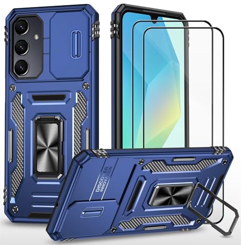 CLYDITE Hülle für Samsung Galaxy A16 5G handyHülle mit Slide Camera Gehärtetes Glas Schutzfolie [2 Stück] Schützen Ständer Silikon Rüstung Hardcase Stoßfeste Hüllen-Blau von CLYDITE