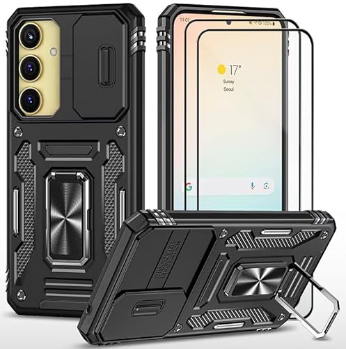 CLYDITE Hülle für Samsung Galaxy A55 5G/A35 5G handyHülle mit Slide Camera Gehärtetes Glas Schutzfolie [2 Stück] Schützen Ständer Silikon Rüstung Hardcase Stoßfeste Hüllen-Schwarz von CLYDITE