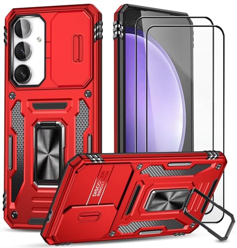 CLYDITE Hülle für Samsung Galaxy S24 FE handyHülle mit Slide Camera Gehärtetes Glas Schutzfolie [2 Stück] Schützen Ständer Silikon Rüstung Hardcase Stoßfeste Hüllen-Rote von CLYDITE