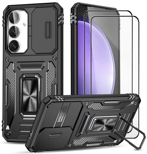 CLYDITE Hülle für Samsung Galaxy S24 FE handyHülle mit Slide Camera Gehärtetes Glas Schutzfolie [2 Stück] Schützen Ständer Silikon Rüstung Hardcase Stoßfeste Hüllen-Schwarz von CLYDITE