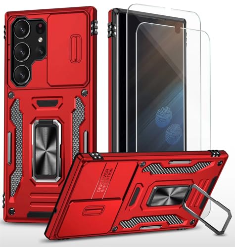 CLYDITE Hülle für Samsung Galaxy S24 Ultra handyHülle mit Slide Camera Gehärtetes Glas Schutzfolie [2 Stück] Schützen Ständer Silikon Rüstung Hardcase Stoßfeste Hüllen-Rote von CLYDITE