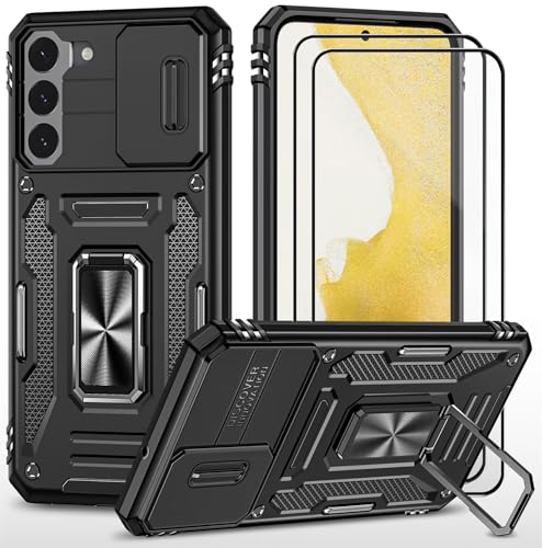 CLYDITE Hülle für Samsung S22 Plus handyHülle mit Slide Camera Gehärtetes Glas Schutzfolie [2 Stück] Schützen Ständer Silikon Rüstung Hardcase Stoßfeste Hüllen-Schwarz von CLYDITE