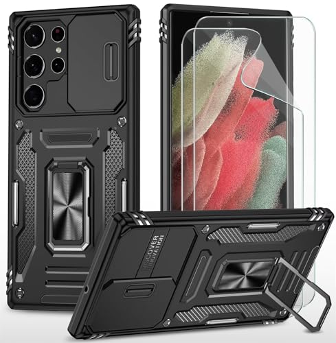 CLYDITE Hülle für Samsung S22 Ultra handyHülle mit Slide Camera Schutzfolie [2 Stück] Schützen Ständer Silikon Rüstung Hardcase Stoßfeste Hüllen-Schwarz von CLYDITE