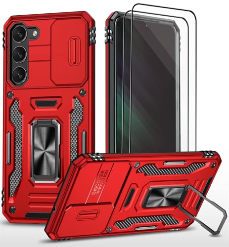 CLYDITE Hülle für Samsung S23 Plus handyHülle mit Slide Camera Gehärtetes Glas Schutzfolie [2 Stück] Schützen Ständer Silikon Rüstung Hardcase Stoßfeste Hüllen-Rote von CLYDITE