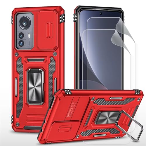 CLYDITE Hülle für Xiaomi 12 handyHülle mit Slide Camera Schutzfolie [2 Stück] Schützen Ständer Silikon Rüstung Hardcase Stoßfeste Hüllen-Rote von CLYDITE