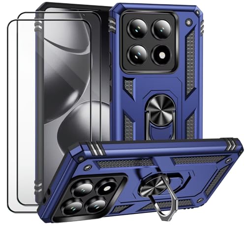 CLYDITE Hülle für Xiaomi 14T Pro Blau handyHülle mit Schutzglas Panzerfolie (2er) 360 Grad RingHalter Ständer Armor Silikon Schutzhülle Cover Case von CLYDITE