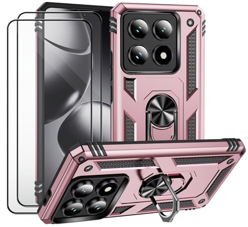 CLYDITE Hülle für Xiaomi 14T Pro Rosé Gold handyHülle mit Schutzglas Panzerfolie (2er) 360 Grad RingHalter Ständer Armor Silikon Schutzhülle Cover Case von CLYDITE