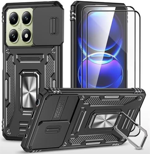 CLYDITE Hülle für Xiaomi 14T Pro handyHülle mit Slide Camera Gehärtetes Glas Schutzfolie [2 Stück] Schützen Ständer Silikon Rüstung Hardcase Stoßfeste Hüllen-Schwarz von CLYDITE