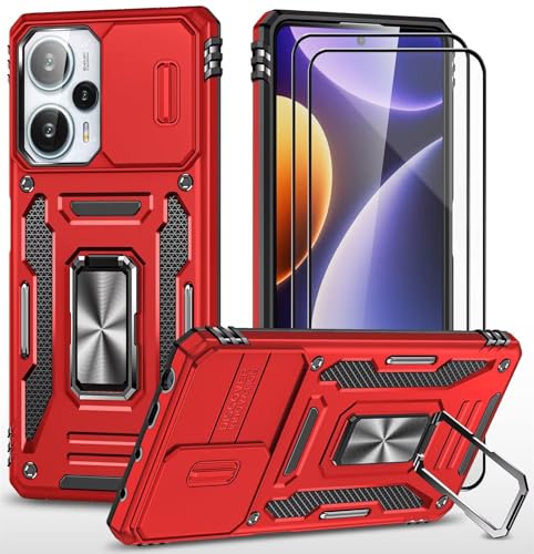 CLYDITE Hülle für Xiaomi Poco F5 5G handyHülle mit Slide Camera Gehärtetes Glas Schutzfolie [2 Stück] Schützen Ständer Silikon Rüstung Hardcase Stoßfeste Hüllen-Rote von CLYDITE