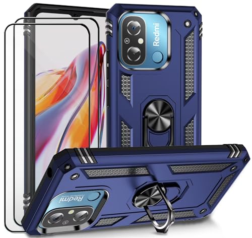 CLYDITE Hülle für Xiaomi Redmi 12C/Redmi 11A Blau handyHülle mit Schutzglas Panzerfolie (2er) 360 Grad RingHalter Ständer Armor Silikon Schutzhülle Cover Case von CLYDITE