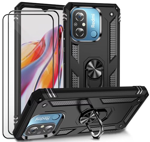 CLYDITE Hülle für Xiaomi Redmi 12C/Redmi 11A Schwarz handyHülle mit Schutzglas Panzerfolie (2er) 360 Grad RingHalter Ständer Armor Silikon Schutzhülle Cover Case von CLYDITE