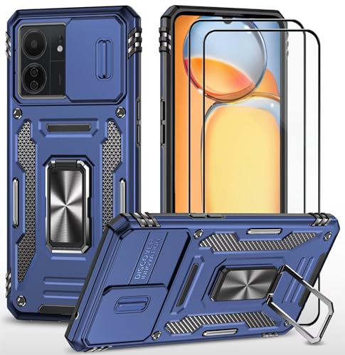 CLYDITE Hülle für Xiaomi Redmi 13C/Redmi 13C 5G/Poco c65 handyHülle mit Slide Camera Gehärtetes Glas Schutzfolie [2 Stück] Schützen Ständer Silikon Rüstung Hardcase Stoßfeste Hüllen-Blau von CLYDITE