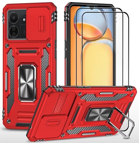 CLYDITE Hülle für Xiaomi Redmi 13C/Redmi 13C 5G/Poco c65 handyHülle mit Slide Camera Gehärtetes Glas Schutzfolie [2 Stück] Schützen Ständer Silikon Rüstung Hardcase Stoßfeste Hüllen-Rote von CLYDITE