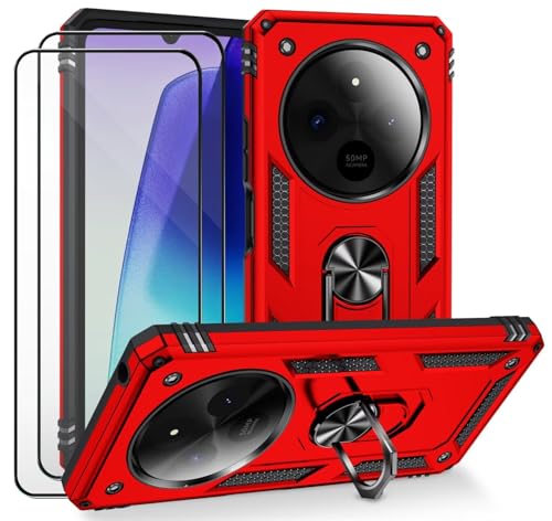 CLYDITE Hülle für Xiaomi Redmi 14C 4G Rote handyHülle mit Schutzglas Panzerfolie (2er) 360 Grad RingHalter Ständer Armor Silikon Schutzhülle Cover Case von CLYDITE