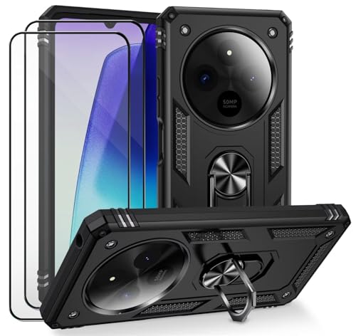 CLYDITE Hülle für Xiaomi Redmi 14C 4G Schwarz handyHülle mit Schutzglas Panzerfolie (2er) 360 Grad RingHalter Ständer Armor Silikon Schutzhülle Cover Case von CLYDITE