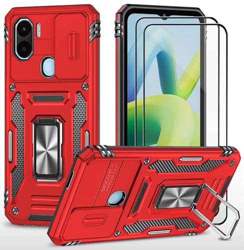 CLYDITE Hülle für Xiaomi Redmi A1/Redmi A1+ handyHülle mit Slide Camera Gehärtetes Glas Schutzfolie [2 Stück] Schützen Ständer Silikon Rüstung Hardcase Stoßfeste Hüllen-Rote von CLYDITE