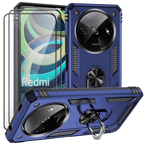 CLYDITE Hülle für Xiaomi Redmi A3 4G Blau handyHülle mit Schutzglas Panzerfolie (2er) 360 Grad RingHalter Ständer Armor Silikon Schutzhülle Cover Case von CLYDITE