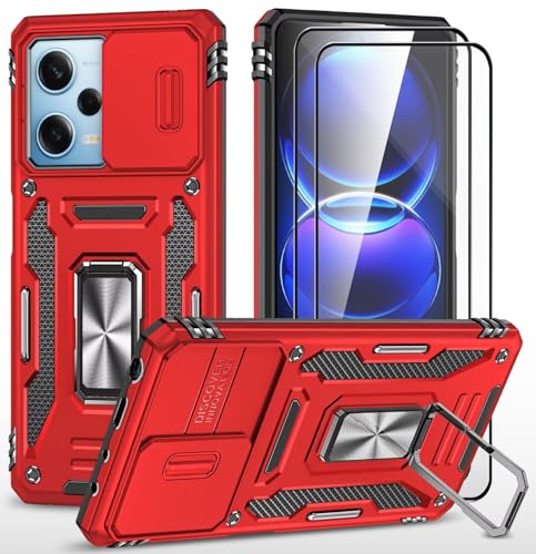 CLYDITE Hülle für Xiaomi Redmi Note 12 5G/Poco X5 5G handyHülle mit Slide Camera Gehärtetes Glas Schutzfolie [2 Stück] Schützen Ständer Silikon Rüstung Hardcase Stoßfeste Hüllen-Rote von CLYDITE