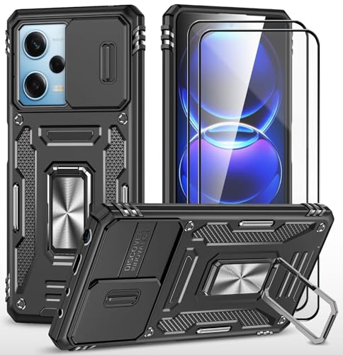 CLYDITE Hülle für Xiaomi Redmi Note 12 Pro 5G/Poco X5 Pro 5G handyHülle mit Slide Camera Gehärtetes Glas Schutzfolie [2 Stück] Schützen Ständer Silikon Rüstung Hardcase Stoßfeste Hüllen-Schwarz von CLYDITE