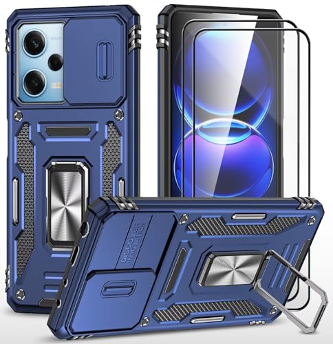 CLYDITE Hülle für Xiaomi Redmi Note 12 Pro 5G/Poco X5 Pro 5G handyHülle mit Slide Camera Gehärtetes Glas Schutzfolie [2 Stück] Schützen Ständer Silikon Rüstung Hardcase Stoßfeste Hüllen-Blau von CLYDITE