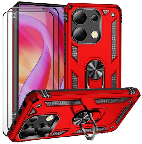 CLYDITE Hülle für Xiaomi Redmi Note 13 4G Rote handyHülle mit Schutzglas Panzerfolie (2er) 360 Grad RingHalter Ständer Armor Silikon Schutzhülle Cover Case von CLYDITE