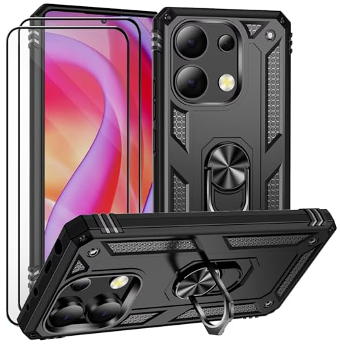 CLYDITE Hülle für Xiaomi Redmi Note 13 4G Schwarz handyHülle mit Schutzglas Panzerfolie (2er) 360 Grad RingHalter Ständer Armor Silikon Schutzhülle Cover Case von CLYDITE