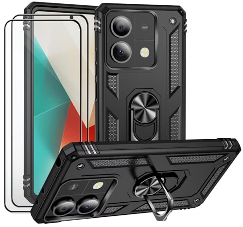 CLYDITE Hülle für Xiaomi Redmi Note 13 5G Schwarz handyHülle mit Schutzglas Panzerfolie (2er) 360 Grad RingHalter Ständer Armor Silikon Schutzhülle Cover Case von CLYDITE