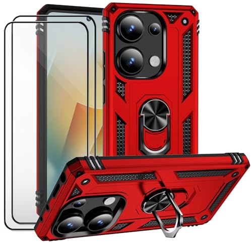 CLYDITE Hülle für Xiaomi Redmi Note 13 Pro 4G Rote handyHülle mit Schutzglas Panzerfolie (2er) 360 Grad RingHalter Ständer Armor Silikon Schutzhülle Cover Case von CLYDITE