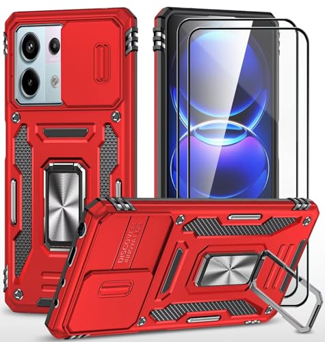 CLYDITE Hülle für Xiaomi Redmi Note 13 Pro 5G/Poco X6 5G handyHülle mit Slide Camera Gehärtetes Glas Schutzfolie [2 Stück] Schützen Ständer Silikon Rüstung Hardcase Stoßfeste Hüllen-Rote von CLYDITE