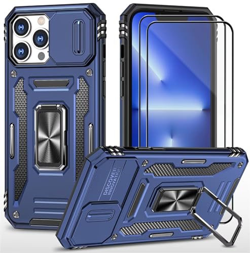CLYDITE Hülle für iPhone 14 Pro handyHülle mit Slide Camera Gehärtetes Glas Schutzfolie [2 Stück] Schützen Ständer Silikon Rüstung Hardcase Stoßfeste Hüllen-Blau von CLYDITE