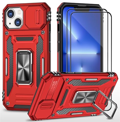 CLYDITE Hülle für iPhone 14 handyHülle mit Slide Camera Gehärtetes Glas Schutzfolie [2 Stück] Schützen Ständer Silikon Rüstung Hardcase Stoßfeste Hüllen-Rote von CLYDITE