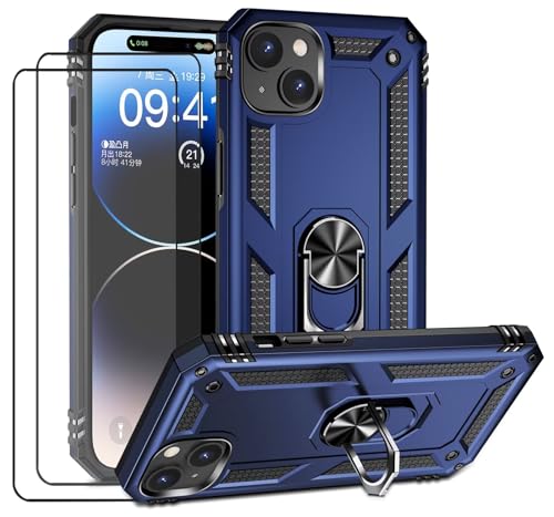 CLYDITE Hülle für iPhone 15 Plus handyHülle mit Schutzglas Panzerfolie (2er) 360 Grad RingHalter Ständer Robust Armor Rüstung Silikon Schutzhülle Bumper Case Blau von CLYDITE