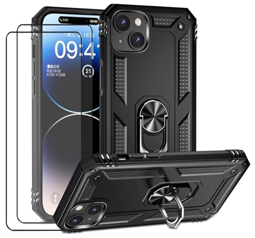 CLYDITE Hülle für iPhone 15 Plus handyHülle mit Schutzglas Panzerfolie (2er) 360 Grad RingHalter Ständer Robust Armor Rüstung Silikon Schutzhülle Bumper Case Schwarz von CLYDITE