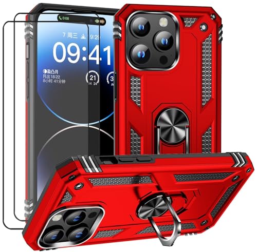 CLYDITE Hülle für iPhone 15 Pro handyHülle mit Schutzglas Panzerfolie (2er) 360 Grad RingHalter Ständer Robust Armor Rüstung Silikon Schutzhülle Bumper Case Rote von CLYDITE