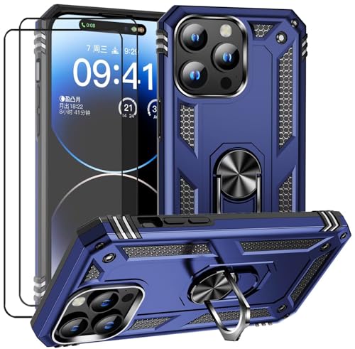 CLYDITE Hülle für iPhone 15 Pro max handyHülle mit Schutzglas Panzerfolie (2er) 360 Grad RingHalter Ständer Robust Armor Rüstung Silikon Schutzhülle Bumpe -Blau von CLYDITE